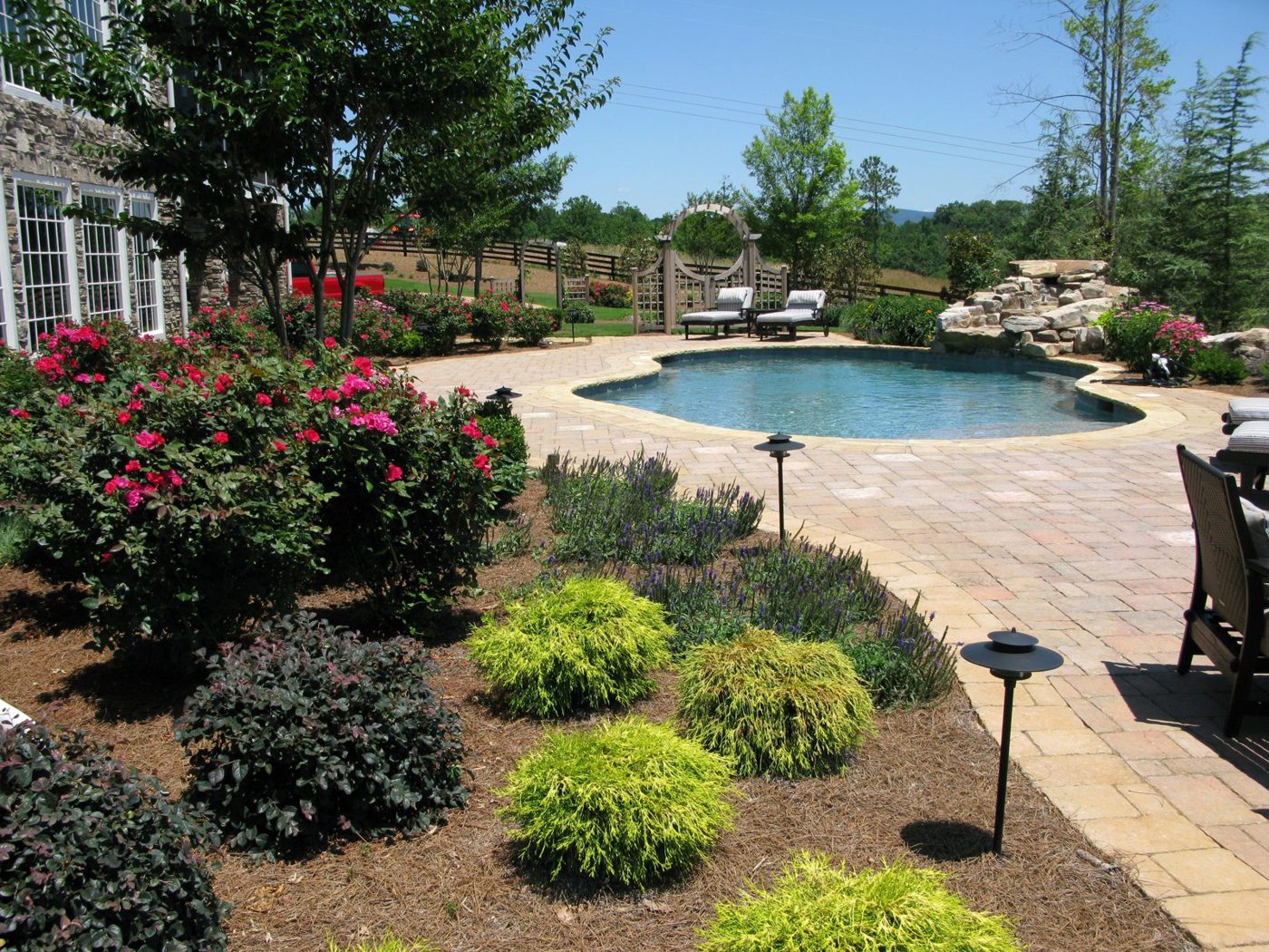 Poolside landscape by Hemlocks